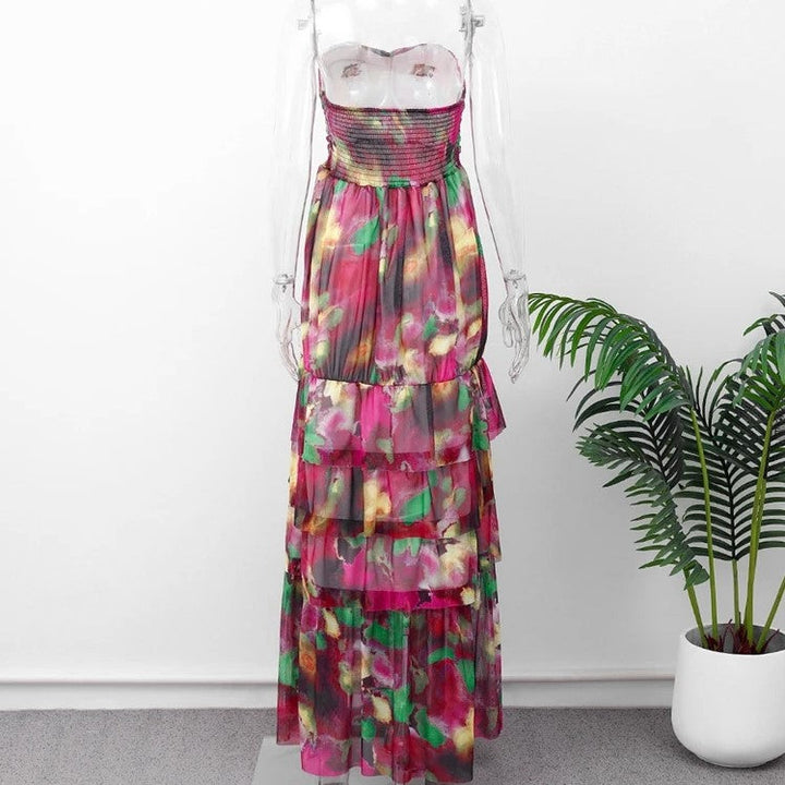 Off-the-shoulder maxi dress with tiers and floral pattern