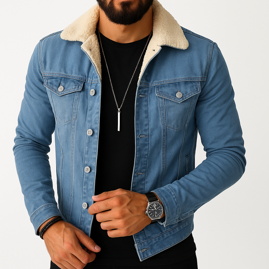 Men's - Denim Jacket - Sherpa Lined - Faux Shearling Collar - Stylish Casual Winter Outerwear