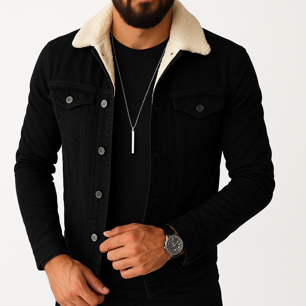 Men's - Denim Jacket - Sherpa Lined - Faux Shearling Collar - Stylish Casual Winter Outerwear