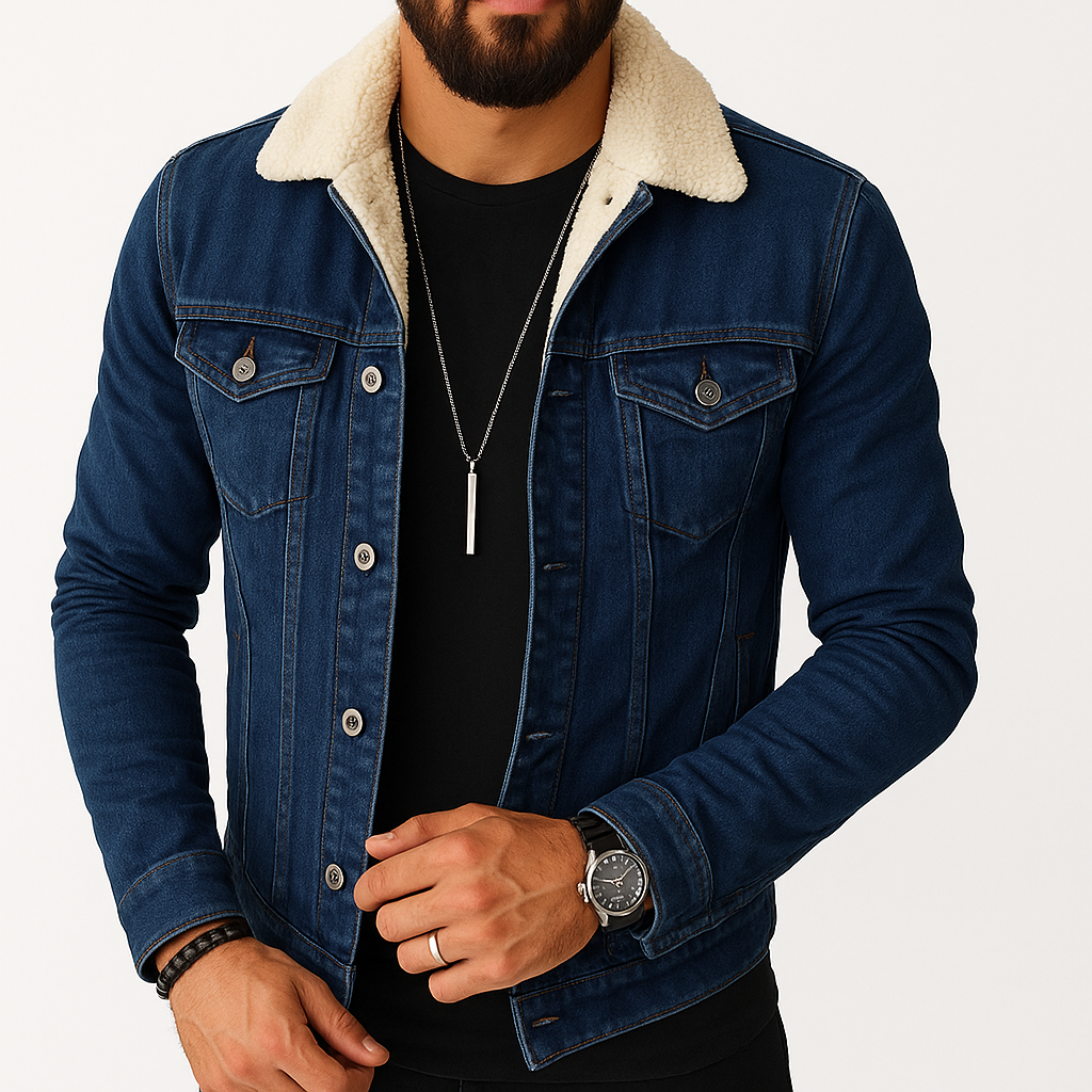 Men's - Denim Jacket - Sherpa Lined - Faux Shearling Collar - Stylish Casual Winter Outerwear
