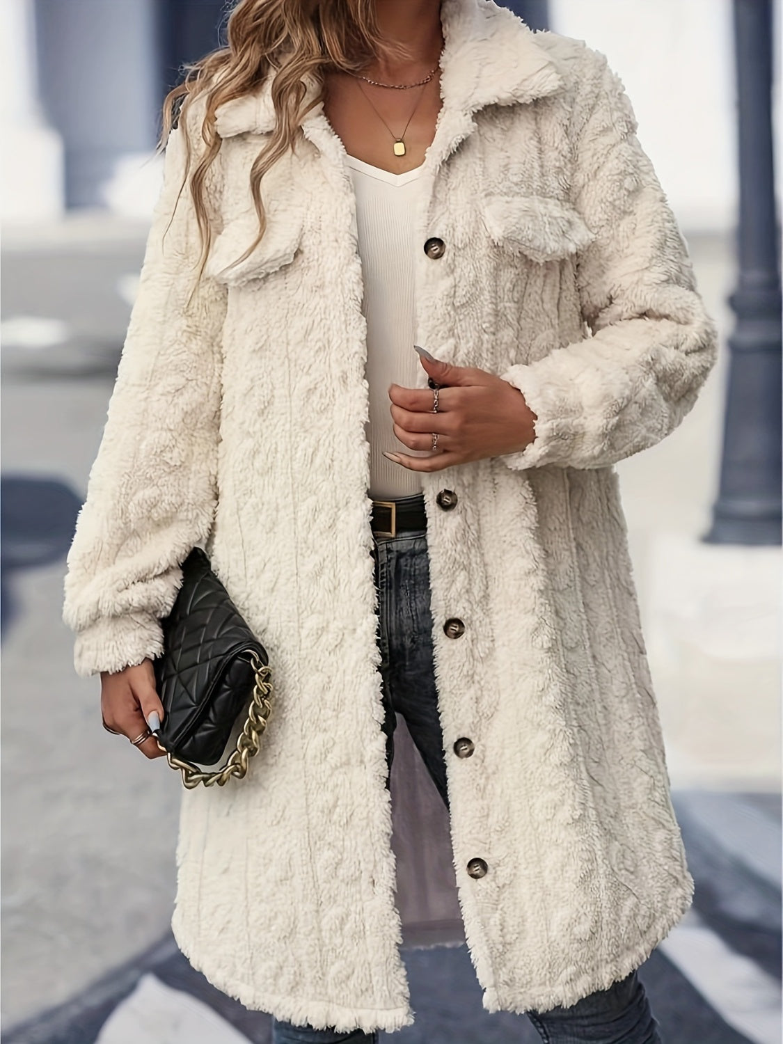 Women's - Fuzzy Longline Coat - Button Up, Long Sleeve, Cosy Style