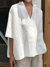 Women's - Linen Blouse - V-Neck, Loose & Breathable - Perfect White Summer Top for Effortless Style