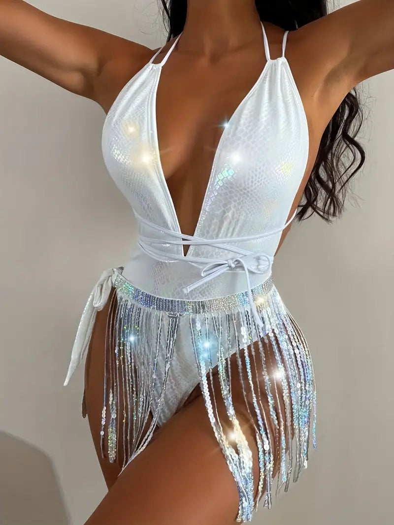 Glossy, Crossover One-Piece Swimsuit With Snakeskin