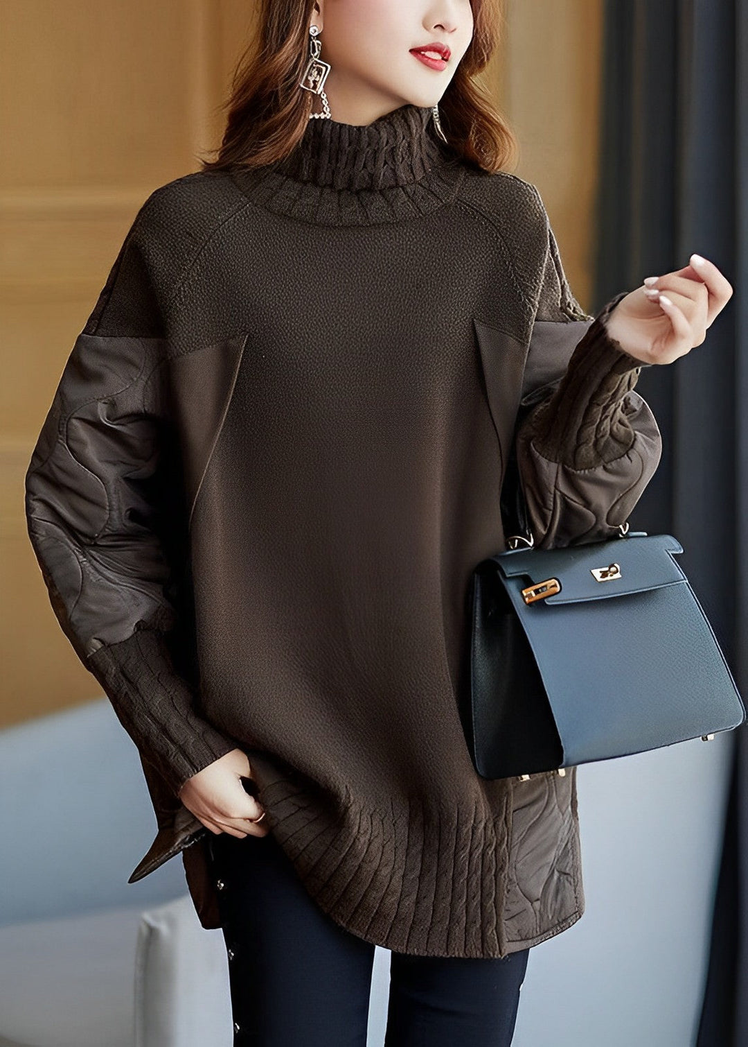 Coffee brown turtleneck jumper in a loose fit