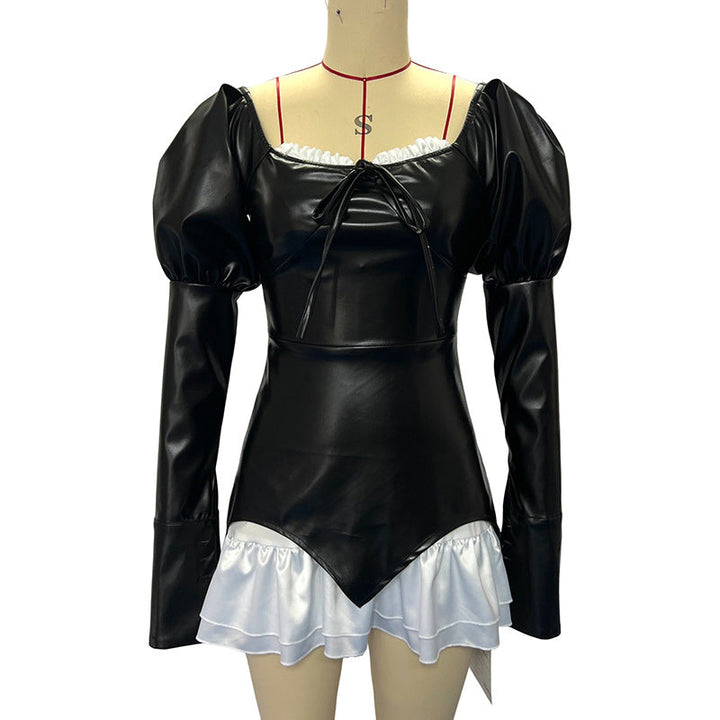 Polished Square Collar Black Leather Dress For Women