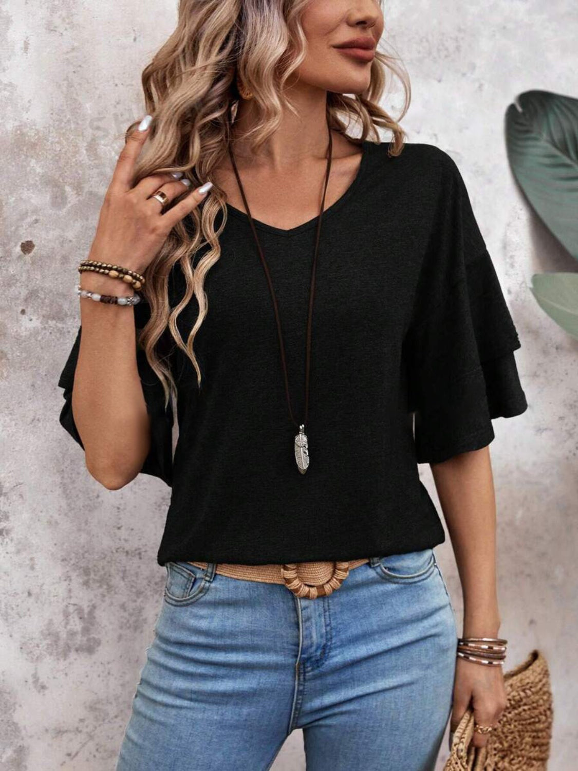 Women's - V-Neck Half Sleeve Blouse - Soft Fabric - Stylish Top