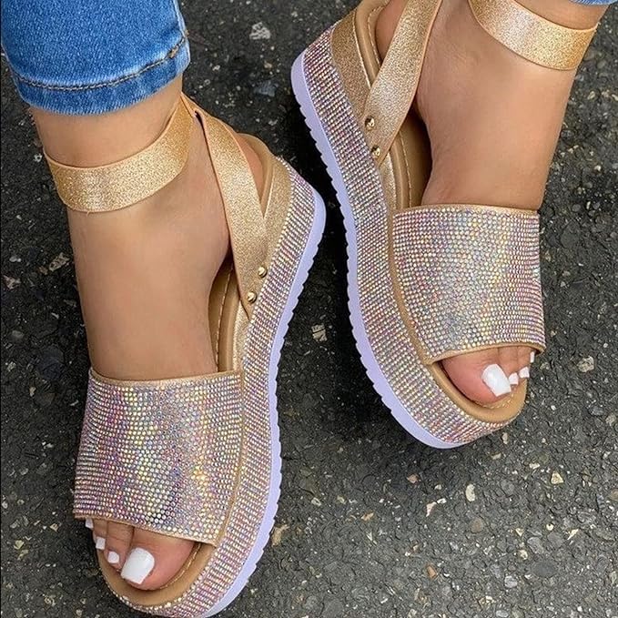 Platform wedge sandals with rhinestones