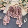 Sweet Pleated Ruffled Slim-fitting Puff Sleeve Chiffon Bluse