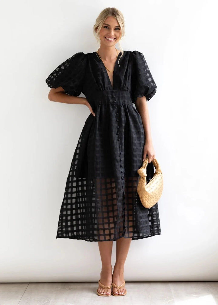 Midi dress with puff sleeves