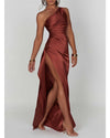 Versatile Summer Slim-fit Slant Shoulder Split Satin Dress