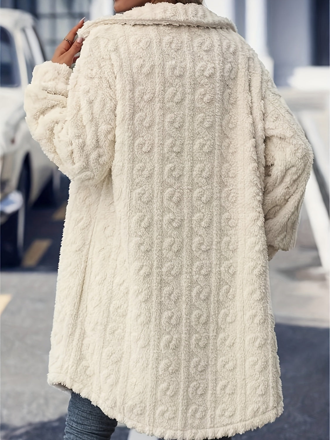 Women's - Fuzzy Longline Coat - Button Up, Long Sleeve, Cosy Style