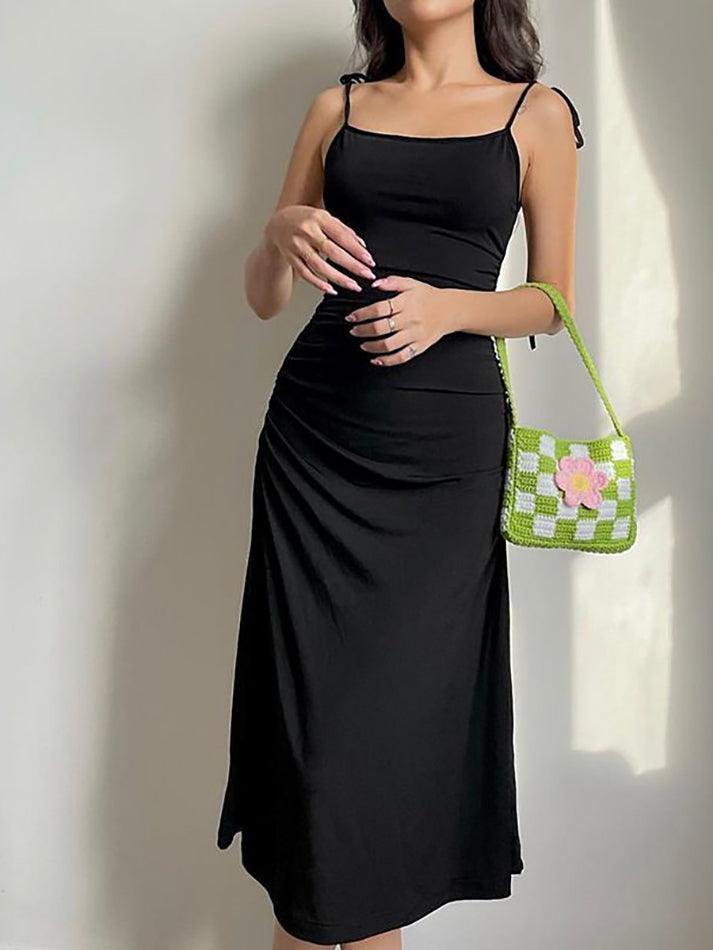 Flattering midi dress with gathered back and open shoulders