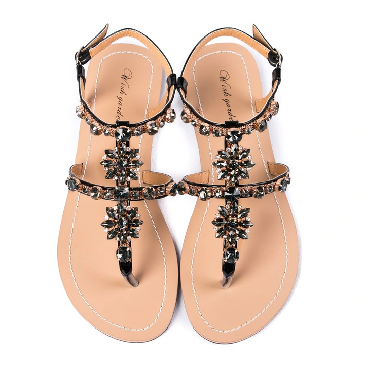 Women's - Shiny cowhide leather T-strap flat sandal - Stylish and Comfortable - Perfect for Casual Summer Occasion