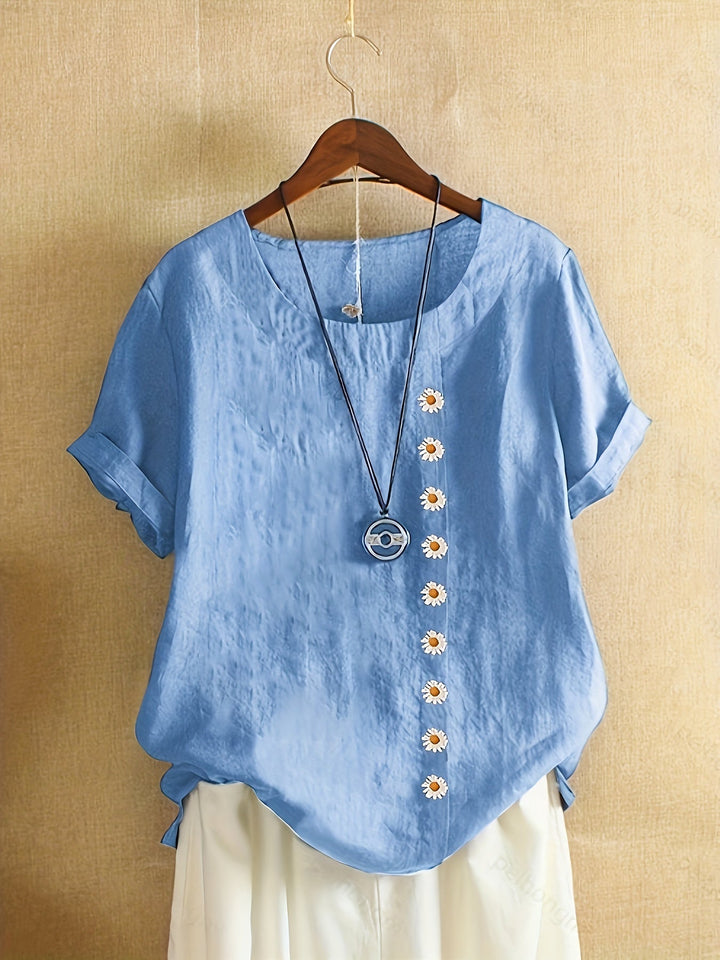 Women's - Oversized Linen Blouse - Casual Short-Sleeved Jumper Shirt with Print - Stylish Summer Top