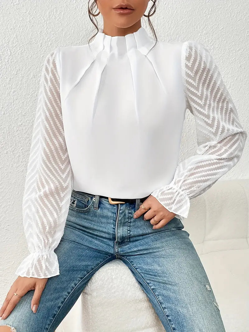 Chic pleated top with mesh sleeves for women