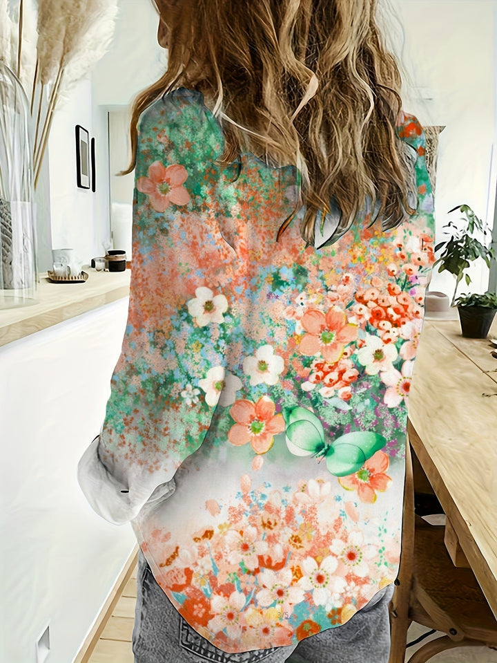 Women's -  Linen Shirt - Floral Pattern, Long Sleeves & Upturned Collar - Romantic Style for Effortless Elegance