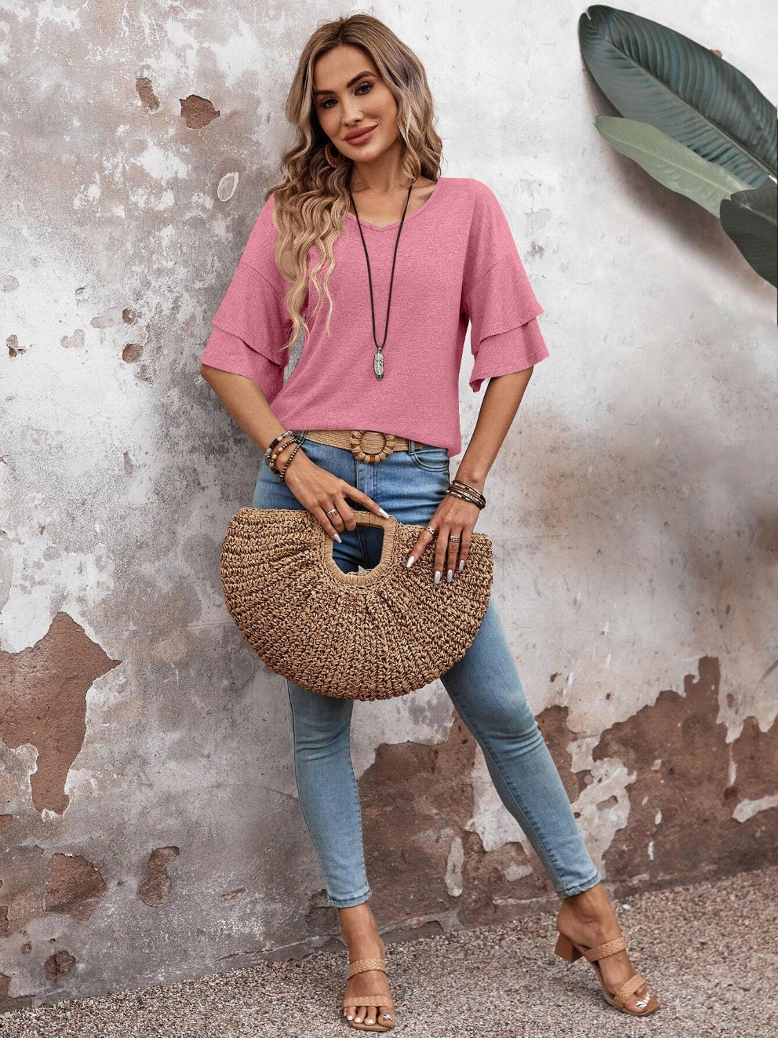 Women's - V-Neck Half Sleeve Blouse - Soft Fabric - Stylish Top
