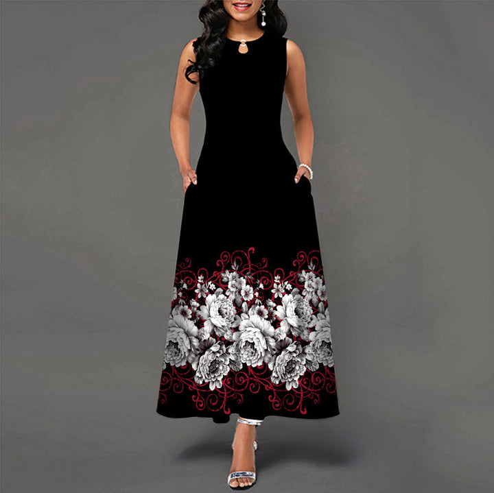 Timeless black and white colour block with floral print maxi dress