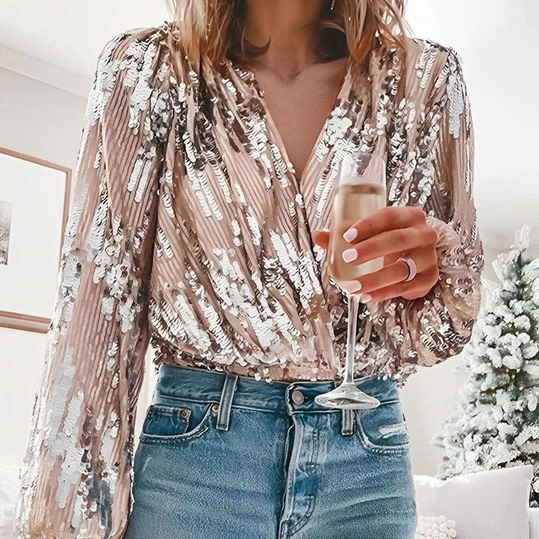 Elegant V-neck blouse with shimmering sequins