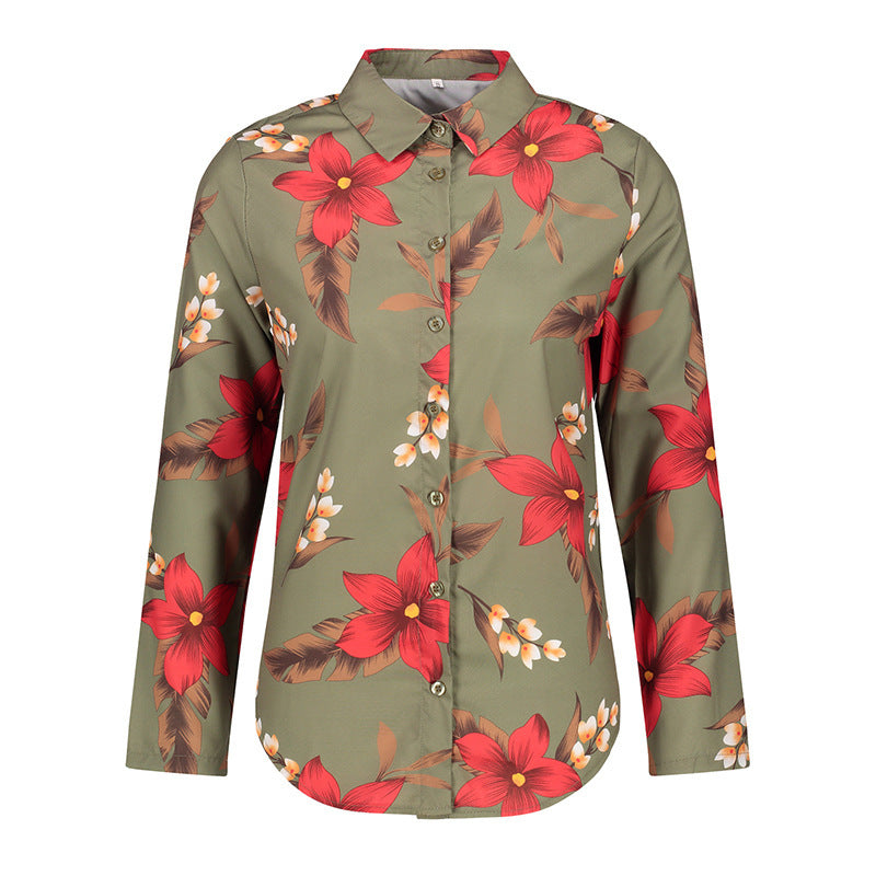 Printed long sleeve lapel collar fashion women's blouse