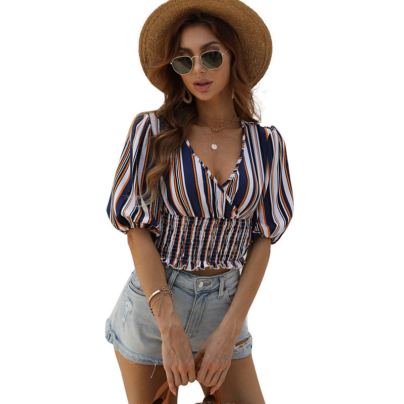 Striped Waist Slim Slim Short Sleeve Blouse with V-Neck