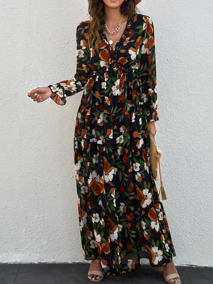 Holiday Maxi Dress With V-Neck and Long Sleeves With Floral Print