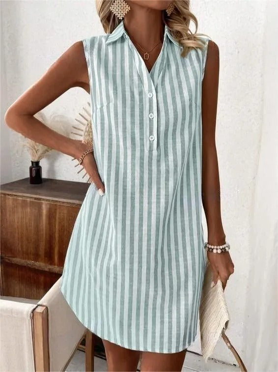 Women's - Striped Sleeveless Shirt Dress - Lightweight Casual Summer Fashion - Perfect for Warm Weather Outings