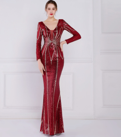 Banquet Elegant Long Sleeve Aura Queen Fishtail Dress with Sequins