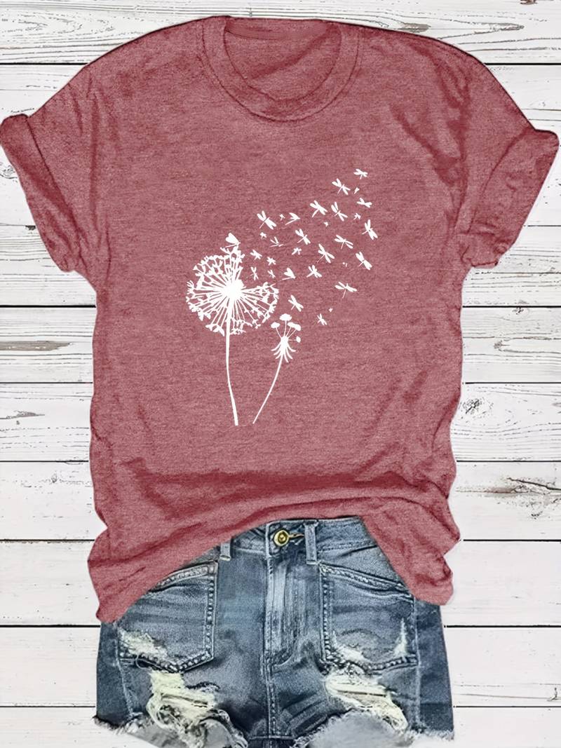 T-shirt with dandelion print and round neckline