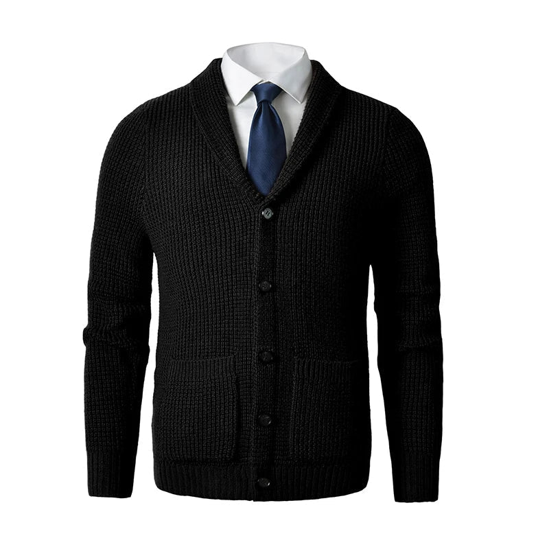 Men's - Knit Cardigan - Shawl Collar & Front Pockets