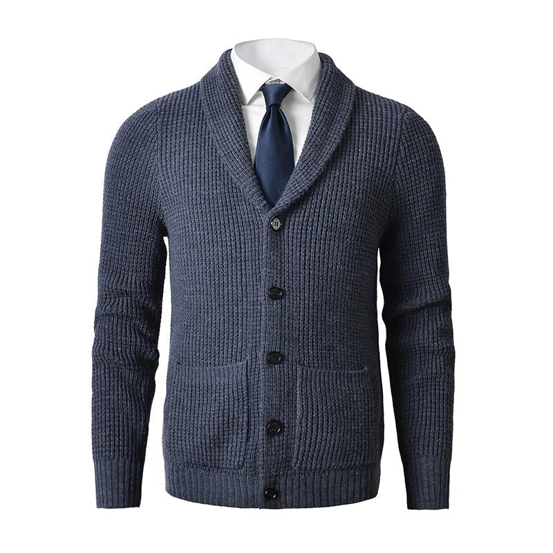 Men's - Knit Cardigan - Shawl Collar & Front Pockets