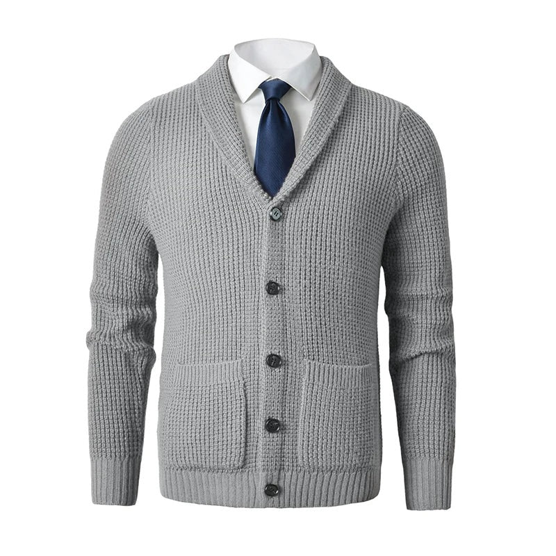 Men's - Knit Cardigan - Shawl Collar & Front Pockets