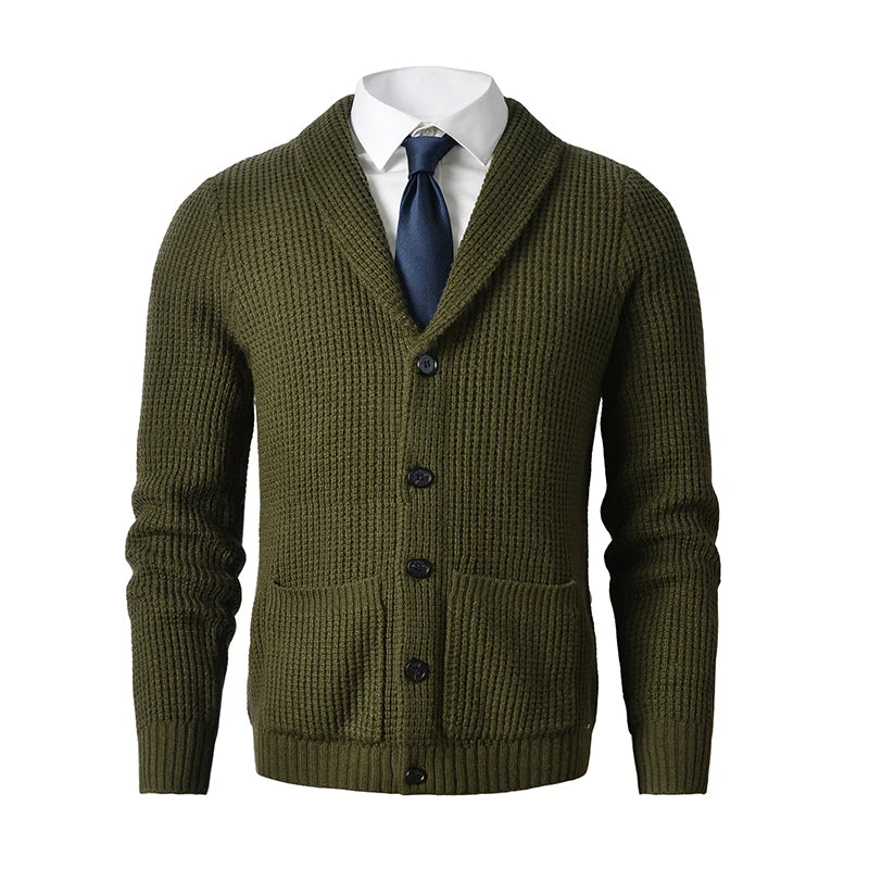 Men's - Knit Cardigan - Shawl Collar & Front Pockets