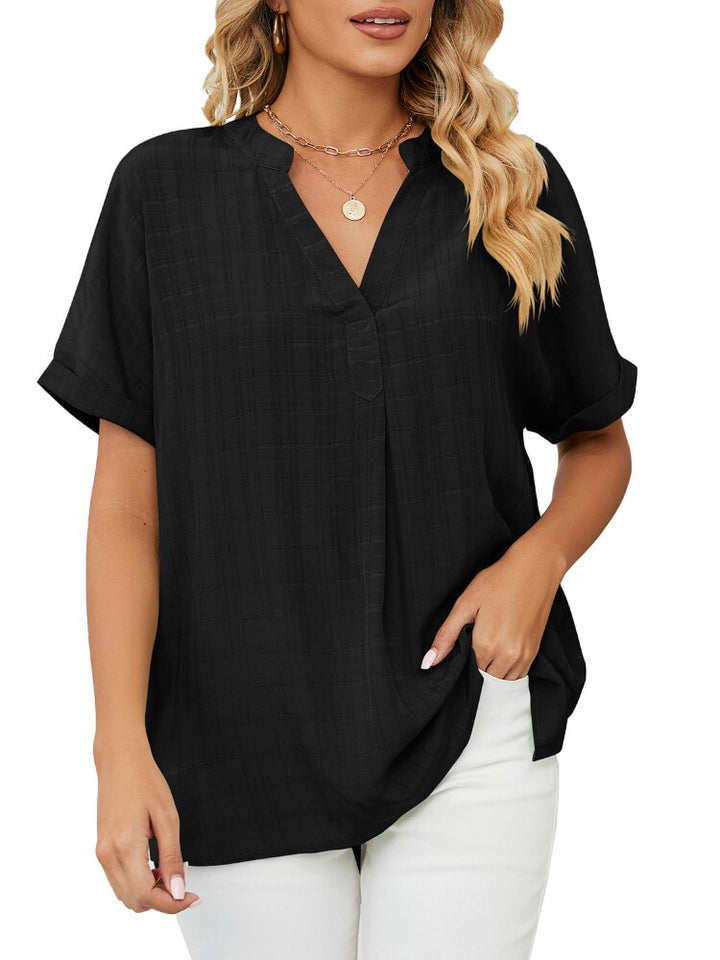 Short-sleeved chiffon shirt with V-neckline