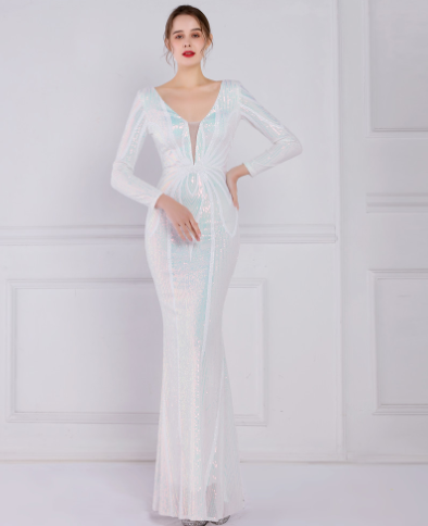 Banquet Elegant Long Sleeve Aura Queen Fishtail Dress with Sequins