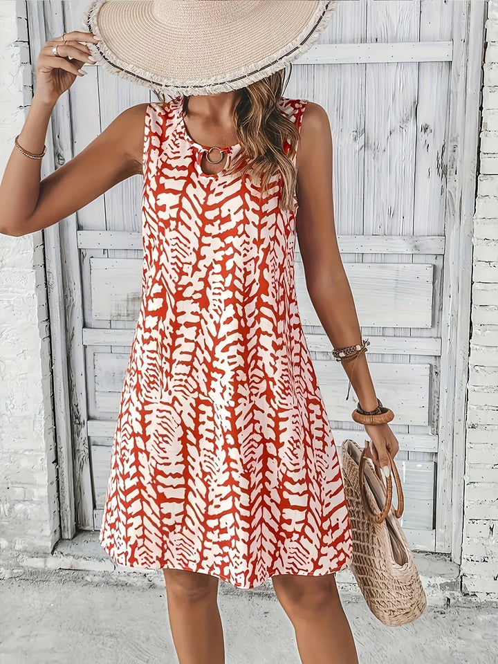 Women's - Printed Summer Dress - Sleeveless A-Line with Keyhole Neckline - Airy & Elegant Style for Warm Days