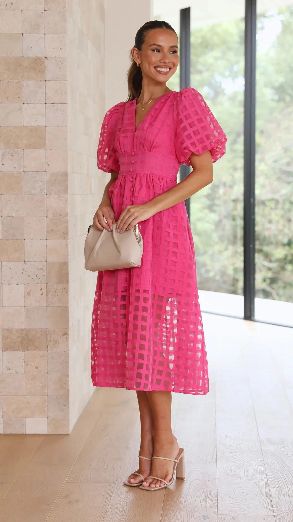 Midi dress with puff sleeves