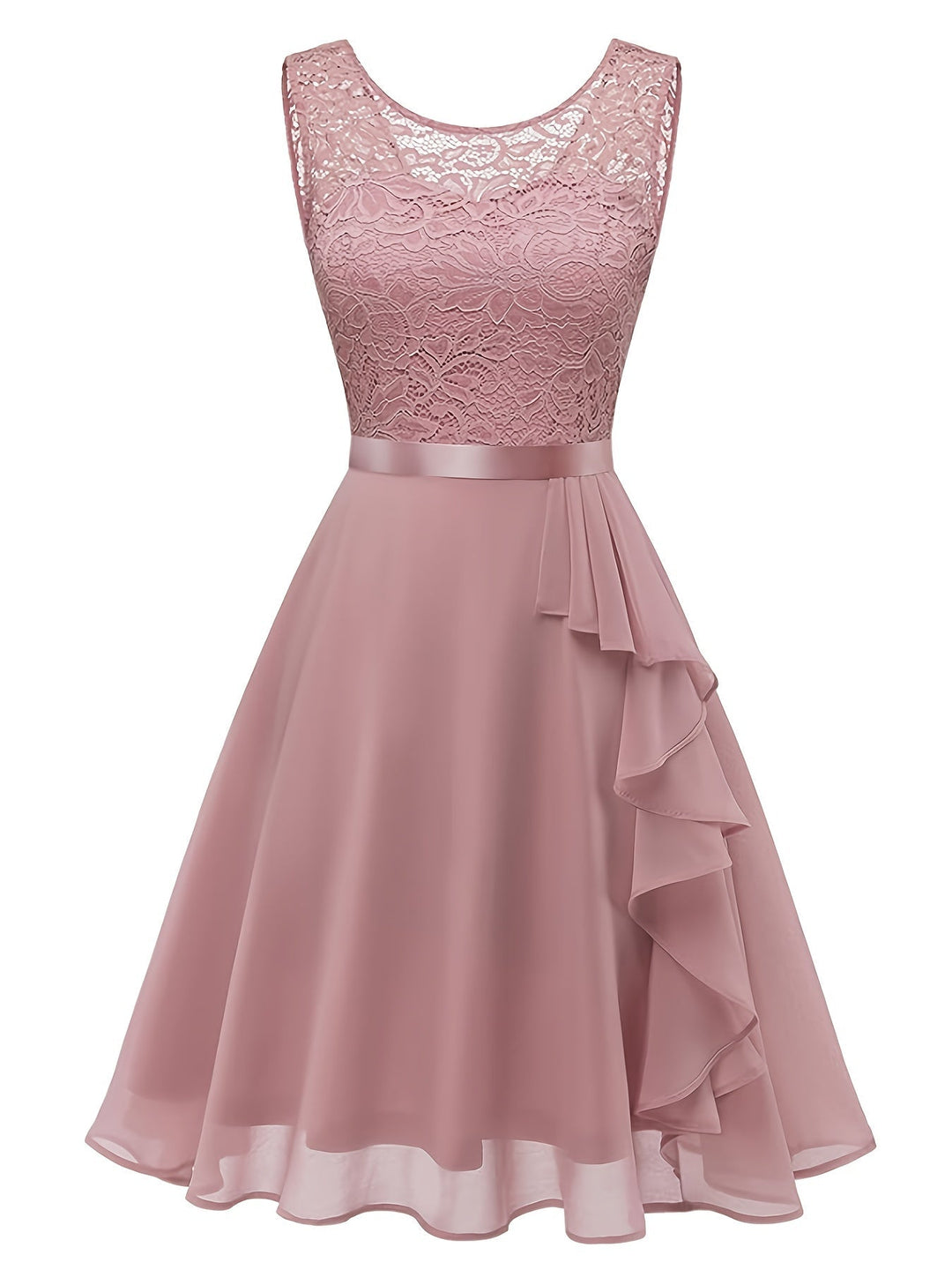 Women’s - Summer Dress - Pleated A-line with Lace Patchwork - Elegant Knee-Length Round Neck Style
