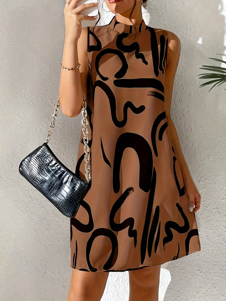 Women's - Brushed Pattern Dress - Mock Neck, Sleeveless, Airy & Casual - Perfect for Spring & Summer Style