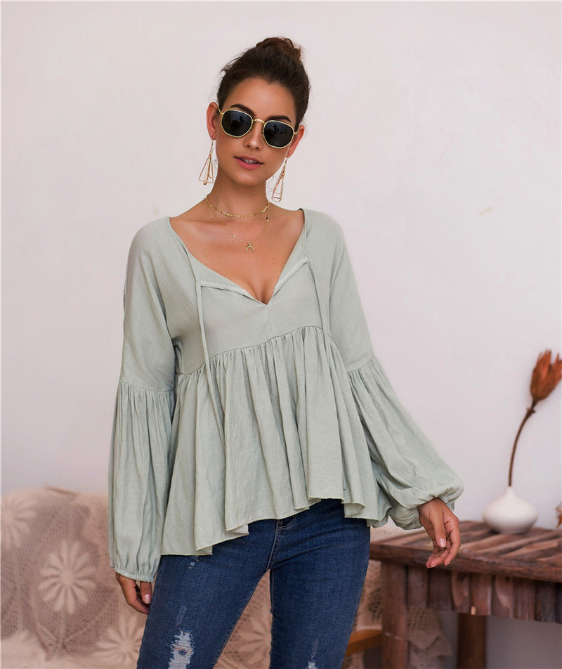 Puff sleeves single-coloured V-neck blouse T-shirt