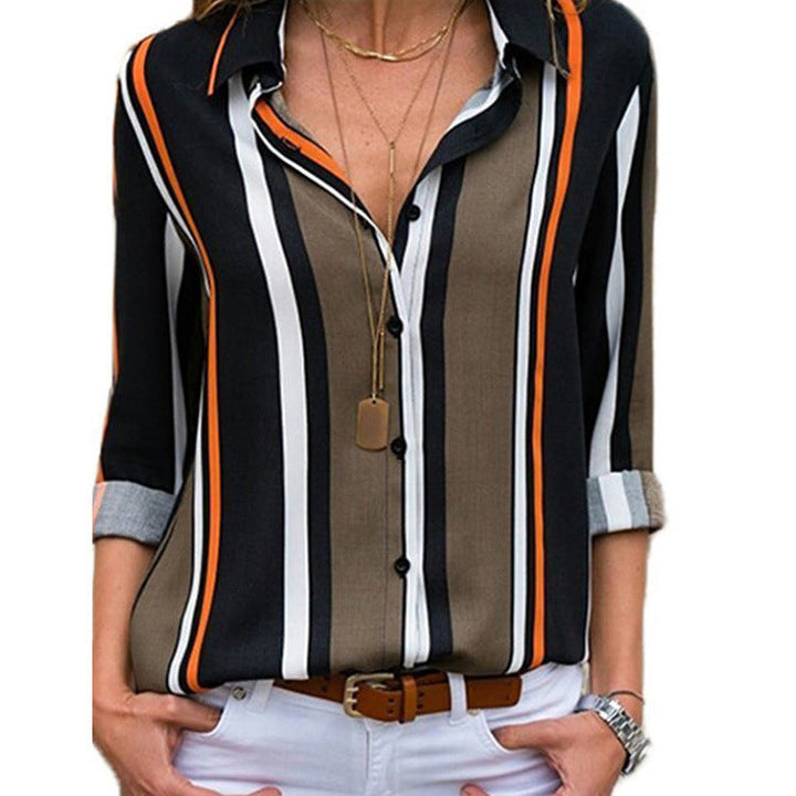 Stylish striped casual V-neck long sleeve chiffon blouse