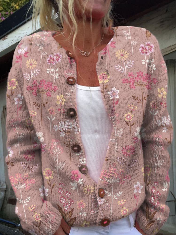 Women's - Cardigan - Floral Pattern - Round Neckline - Cozy Style