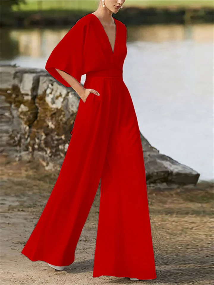 Women's - V-neck Jumpsuit - Wide Leg Design