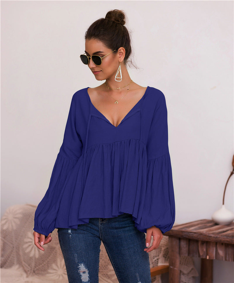 Puff sleeves single-coloured V-neck blouse T-shirt