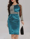 Long-sleeved pencil dress of contrasting mesh