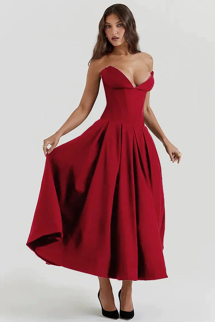 Strapless dress with deep V-neckline