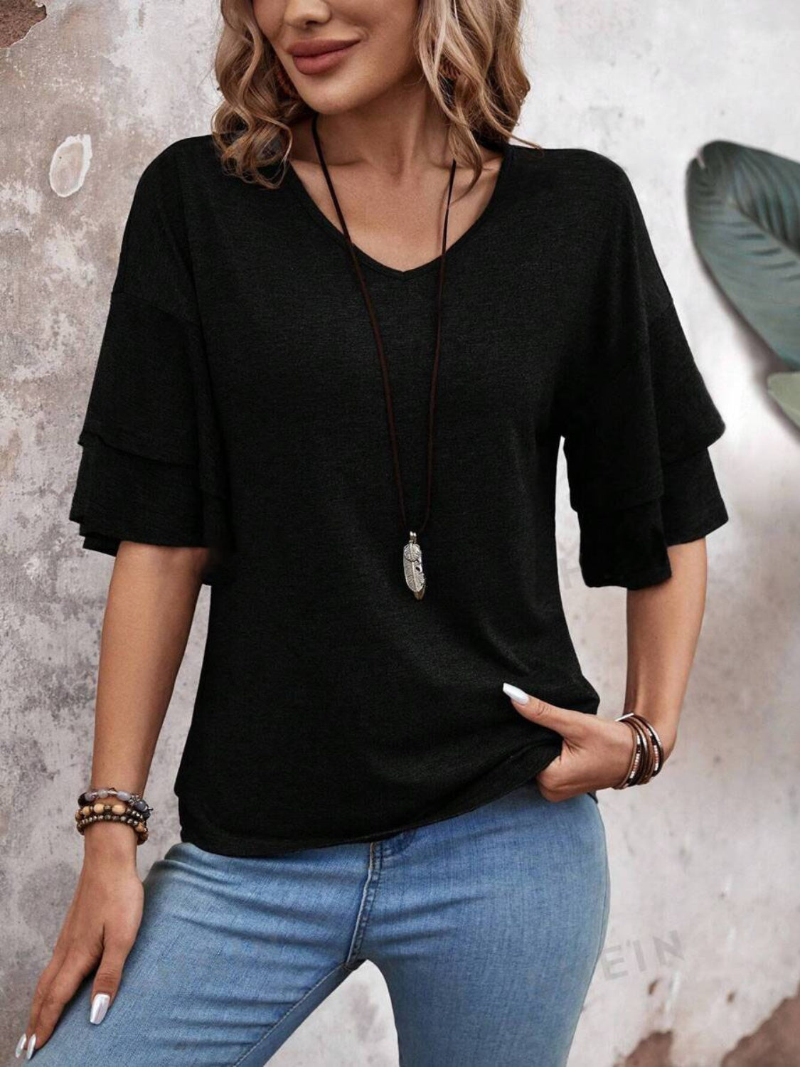 Women's - V-Neck Half Sleeve Blouse - Soft Fabric - Stylish Top