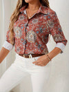 Women's - Long Sleeve Linen Shirt - Floral Pattern, Button Placket & White Cuffs - Stylish Summer Essential