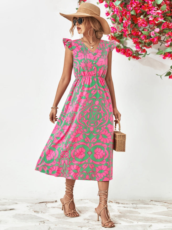 Short-sleeved dress with floral V-neckline