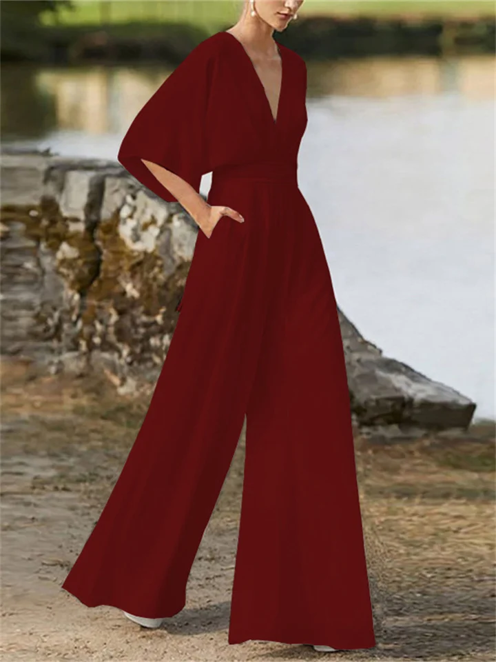 Women's - V-neck Jumpsuit - Wide Leg Design
